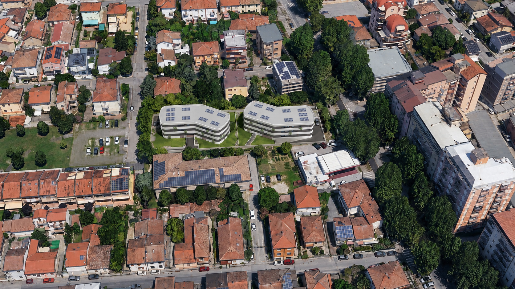 Vista aerea del complesso Loop Living nel suo contesto urbano